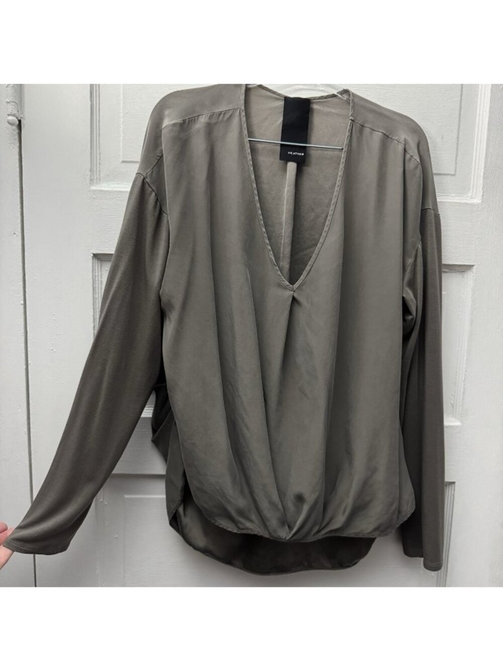 Heather Silk Blouse XL Taupe Gray Draped V Neck Long Sleeve High Low Top